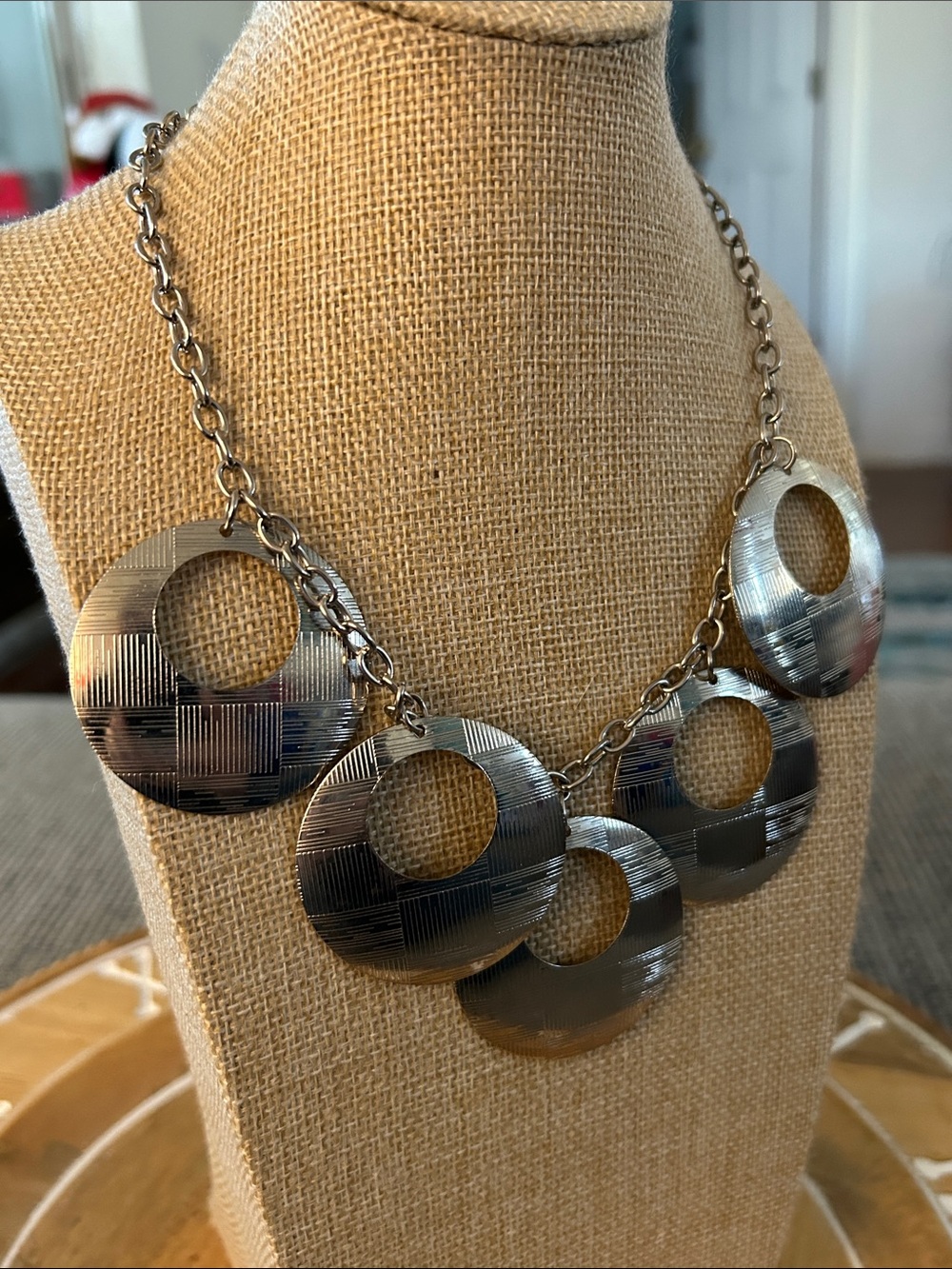 Statement Silver-Tone textured Circle Pendant Necklace - Women Jewelry